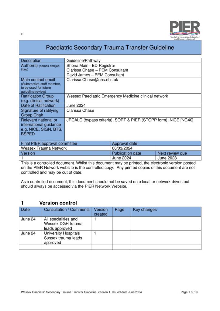 thumbnail of Paediatric Secondary Trauma Transfer Guideline – PIER – Final Version